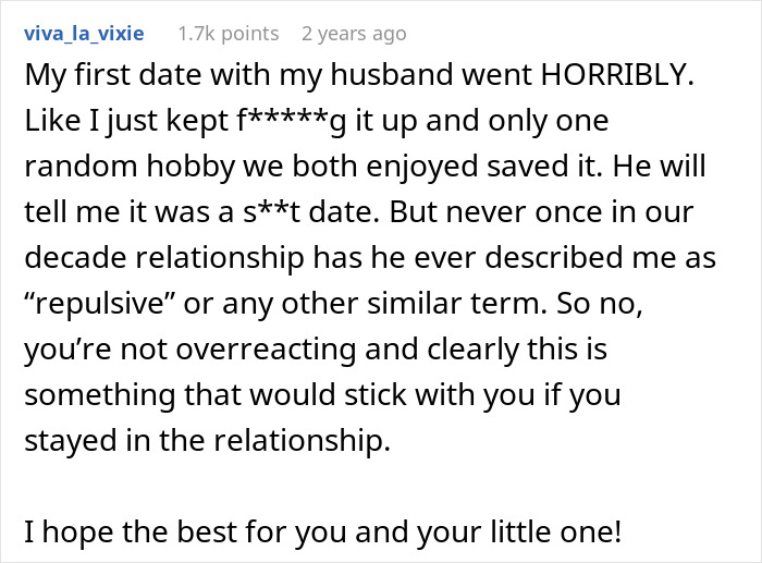 User comment about man admitting he found wife repulsive on first date, expressing confusion over her hurt feelings.