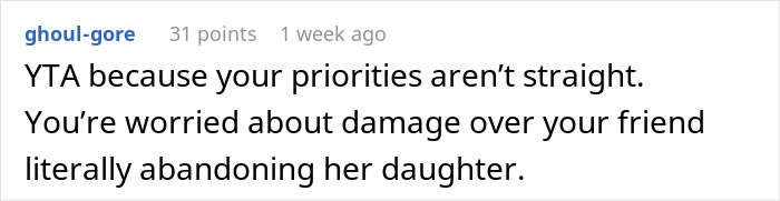 Comment discussing charging a friend for her daughter damaging furniture and concerns about friendship priorities.