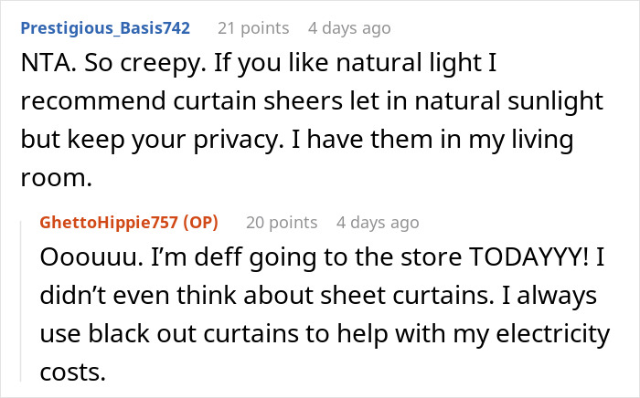 Screenshot of a Reddit conversation discussing a neighbor complaint about a woman’s outfit and privacy concerns. Screenshot of a Reddit conversation discussing a neighbor complaint about a woman’s outfit and privacy concerns.