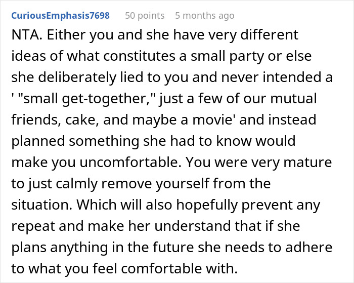 Screenshot of a Reddit comment discussing a party and the anxious birthday girl walking out of the surprise bash.