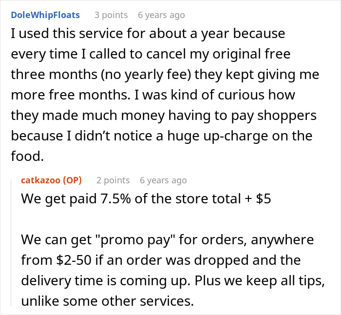 Screenshot showing a Reddit conversation discussing payments and charges related to grocery shopping services.