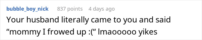 Text message screenshot with a comment about a sick husband refusing to use a trash can to vomit and demanding his wife clean it up. Text message screenshot with a comment about a sick husband refusing to use a trash can to vomit and demanding his wife clean it up.