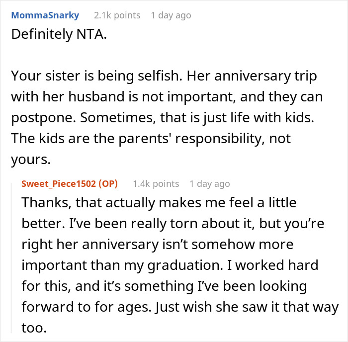 Reddit comment discussing graduate refusing to cancel trip for sister’s babysitting emergency causing family drama. Reddit comment discussing graduate refusing to cancel trip for sister’s babysitting emergency causing family drama.