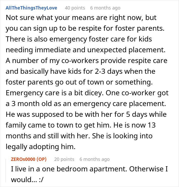 Screenshot of an online discussion about babysitter concerns and emergency foster care for children in difficult living conditions.