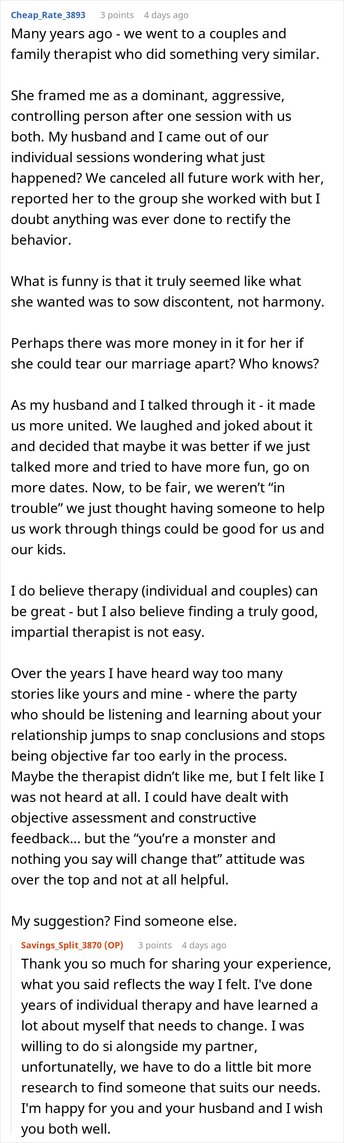 Text conversation between two users sharing experiences of couple therapy struggles and feeling attacked by their therapist.