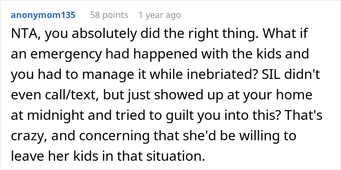 Reddit comment defending refusal to watch kids during emergency due to being under the influence, sister angrily involved. Reddit comment defending refusal to watch kids during emergency due to being under the influence, sister angrily involved.