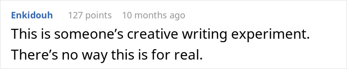 Screenshot of an online comment expressing disbelief about a creative writing experiment related to a woman's husband leaving her after being hit on.