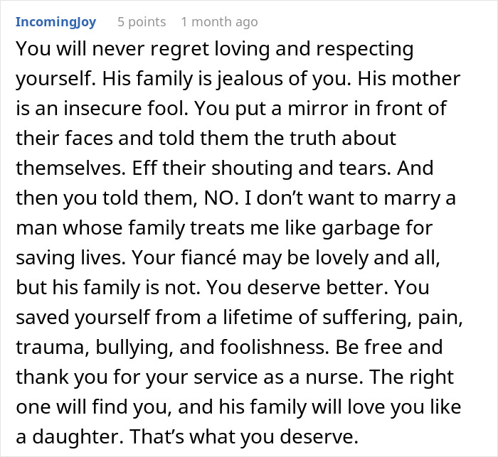 Comment describing a woman shutting down her mother-in-law, calling her a gold digger and criticizing her role as a housewife.