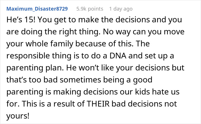Comment discussing the challenges of parenting a teen son who may have gotten his girlfriend pregnant on purpose.