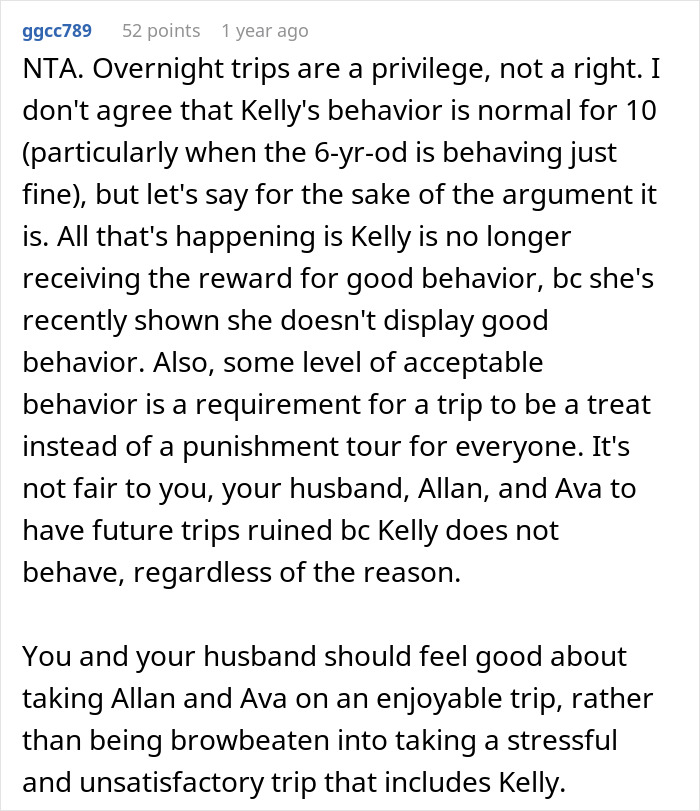 Reddit comment discussing refusal to take sister&rsquo;s kid on trips due to behavior concerns and trip enjoyment priorities.