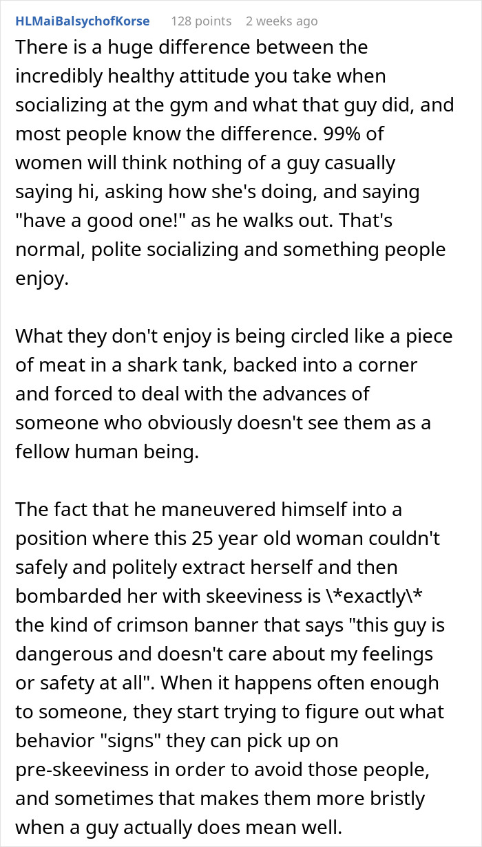 Text post explaining why gym flirting often goes badly and why women dislike uncomfortable gym flirting behavior.