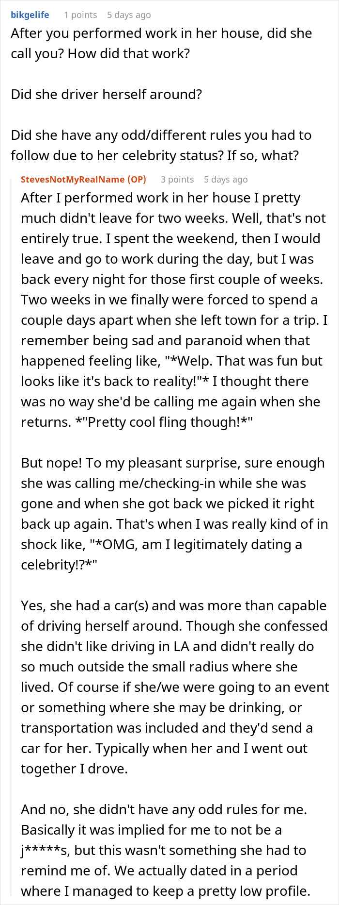 Reddit user sharing personal experience dating a famous actress, describing daily life and celebrity relationship dynamics.