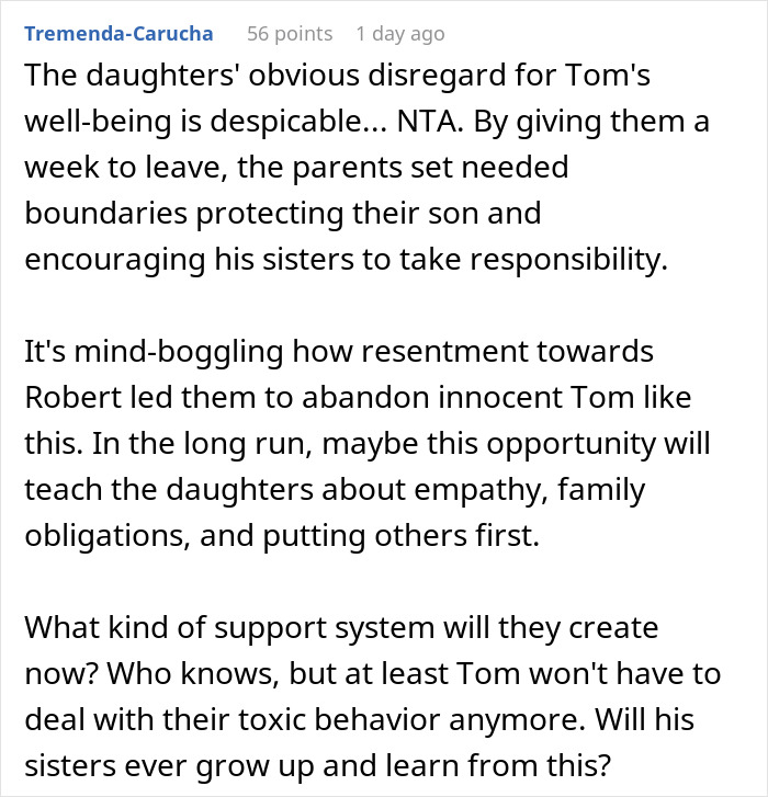 Alt text: Online comment about daughters' disregard for half-brother and the mother's reaction to their behavior and family issues.