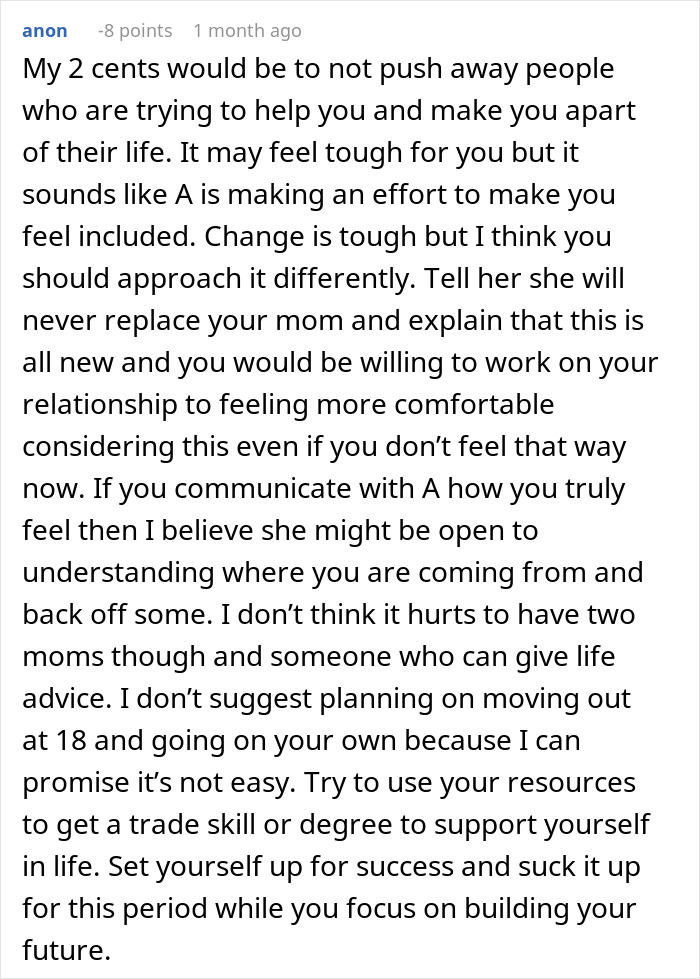 Comment advising a teen to communicate feelings with their stepmother and consider having two moms while focusing on future success.
