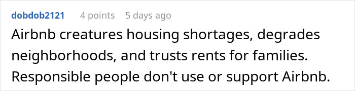 Comment about Airbnb host price hike and petty revenge in a Reddit thread discussing housing shortages and neighborhood impact.