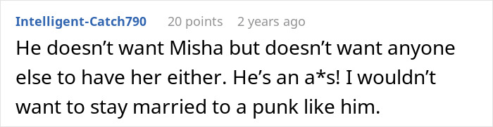 Comment expressing frustration about a husband&rsquo;s jealousy over a girl he led on for years at their wedding.