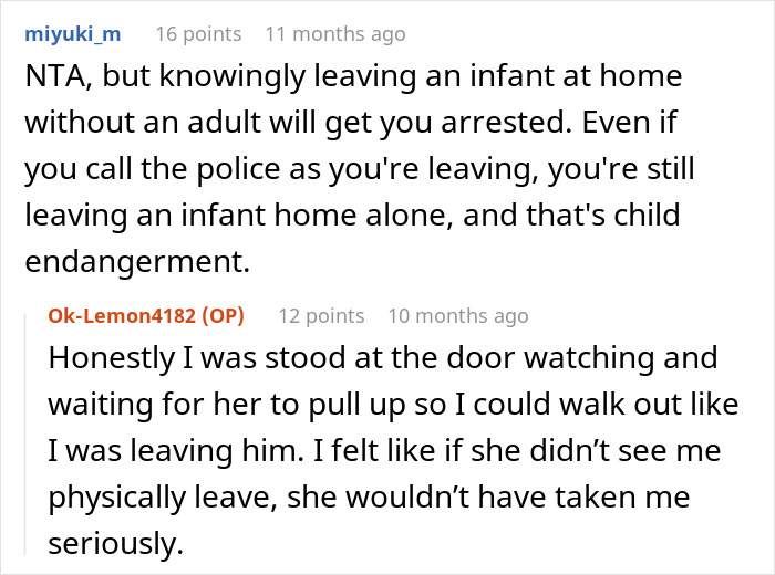Comments discussing irresponsible parenting and police threats related to leaving an infant home alone, causing family drama.