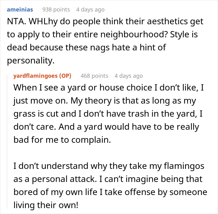 Screenshot of an online discussion about a lady&rsquo;s Facebook campaign against neighbor&rsquo;s pink flamingos and plans to buy more.