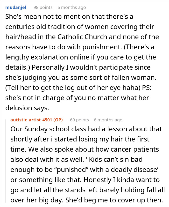 Bride bans cousin with alopecia from wearing headscarf, believing hair loss is punishment from God.