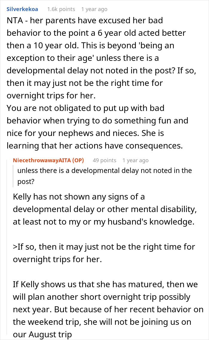 Reddit user explains refusing sister&rsquo;s kid on trips due to bad behavior, questioning if it makes her a jerk.