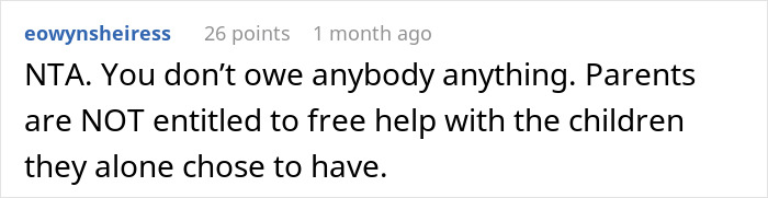 Screenshot of a Reddit comment about an uncle refusing to babysit sister’s kids and facing family guilt-tripping. Screenshot of a Reddit comment about an uncle refusing to babysit sister’s kids and facing family guilt-tripping.