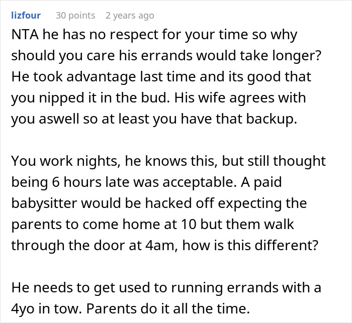 Comment discussing man refusing to babysit roommate&rsquo;s kid after night shift, highlighting respect and boundaries.