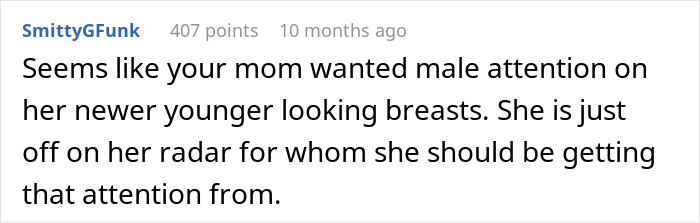 Comment discussing a woman feeling betrayed after her mother goes topless in front of her boyfriend, highlighting attention issues. Comment discussing a woman feeling betrayed after her mother goes topless in front of her boyfriend, highlighting attention issues.
