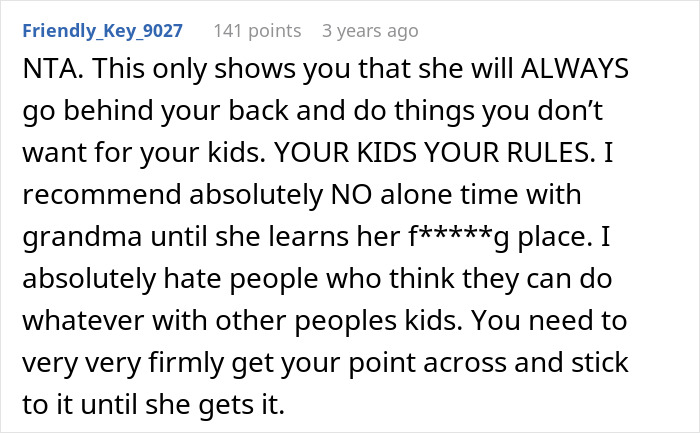 Screenshot of a Reddit comment about a mom refusing to leave kids with MIL after she keeps feeding them fast food.