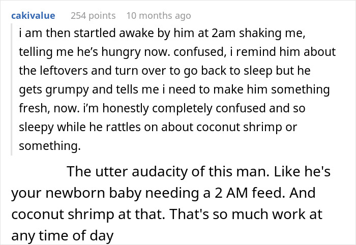 Screenshot of a Reddit comment about a guy demanding dinner at 2 AM, confusing his girlfriend with requests for coconut shrimp. Screenshot of a Reddit comment about a guy demanding dinner at 2 AM, confusing his girlfriend with requests for coconut shrimp.