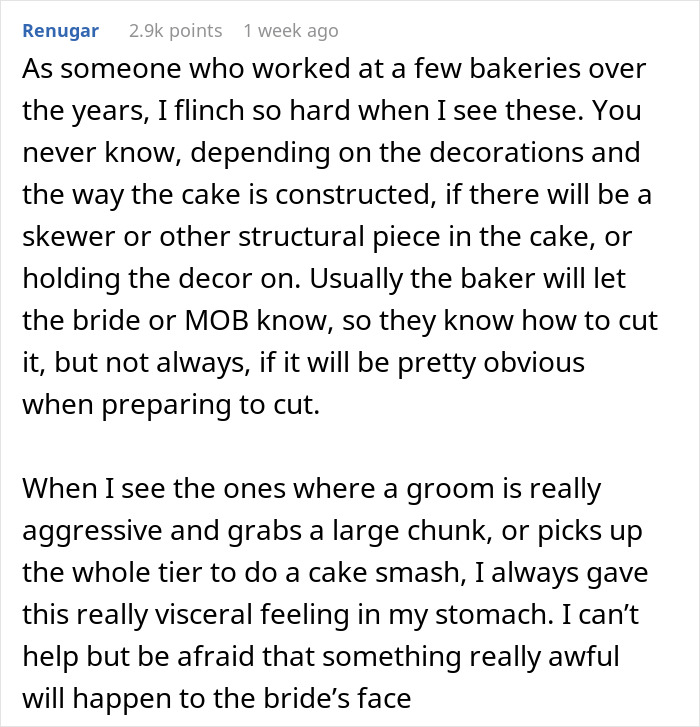 Comment discussing dangers when a groom smashes cake aggressively, risking hurting the bride with a fork or decor pieces. Comment discussing dangers when a groom smashes cake aggressively, risking hurting the bride with a fork or decor pieces.