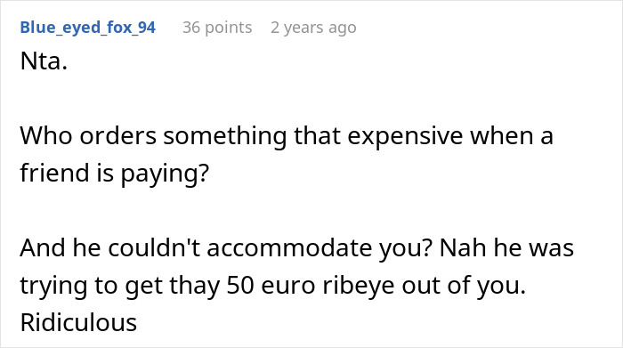 Screenshot of a Reddit comment discussing a friend laughing off vegan&rsquo;s warning about paying only for his food.