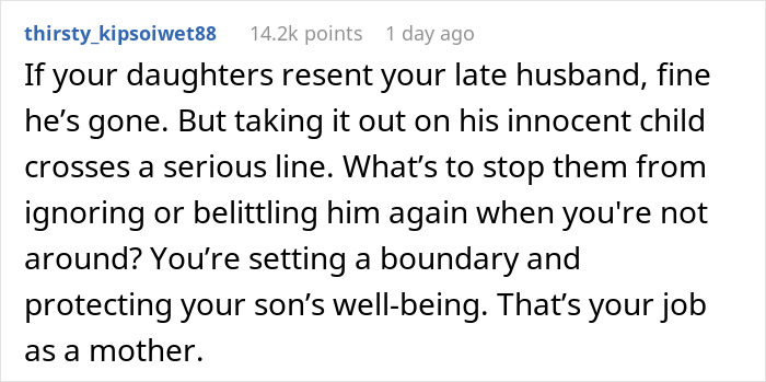 Alt text: Online comment discussing a mom setting boundaries to protect her half-brother from daughters' harmful behavior.