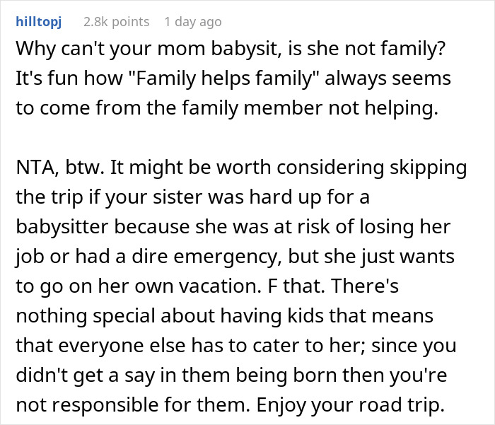 Text conversation discussing a graduate refusing to cancel trip amid sister’s babysitting emergency, causing family drama. Text conversation discussing a graduate refusing to cancel trip amid sister’s babysitting emergency, causing family drama.