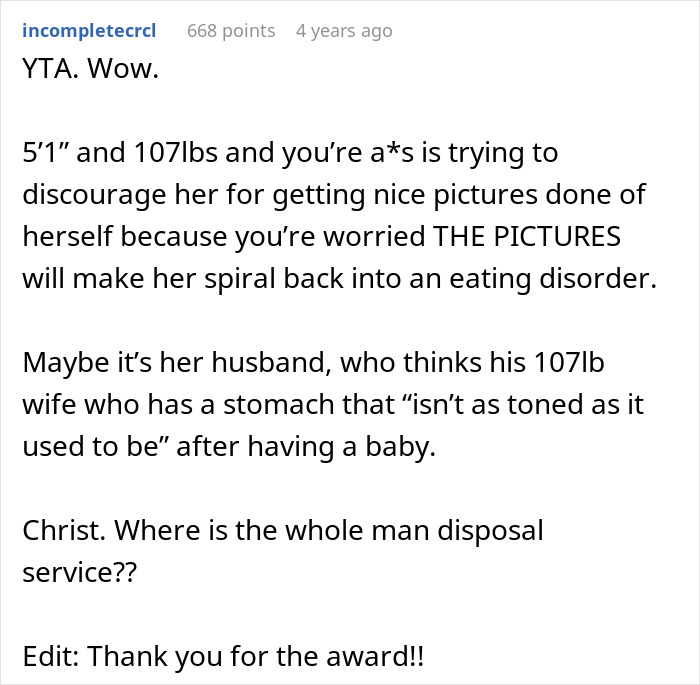 Screenshot of a Reddit comment criticizing a husband for refusing his wife a spicy photoshoot due to post-pregnancy weight. Screenshot of a Reddit comment criticizing a husband for refusing his wife a spicy photoshoot due to post-pregnancy weight.