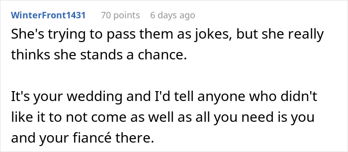 Comment section discussing a woman making below-the-belt remarks about her sister&rsquo;s fianc&eacute; before the wedding.