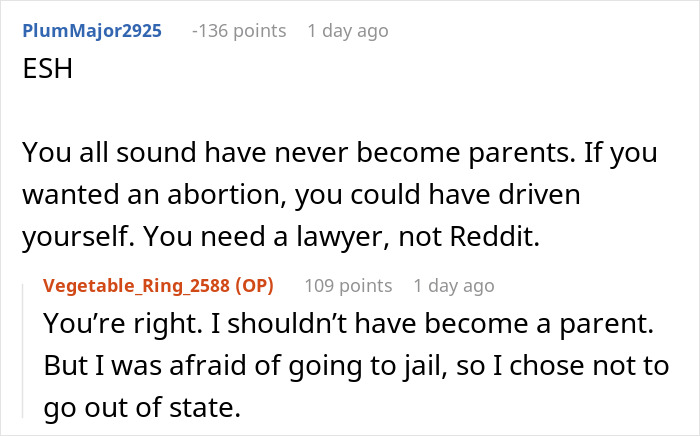 Reddit conversation about dropping baby off at ex-husband&rsquo;s and demanding he take the baby every other week custody debate.