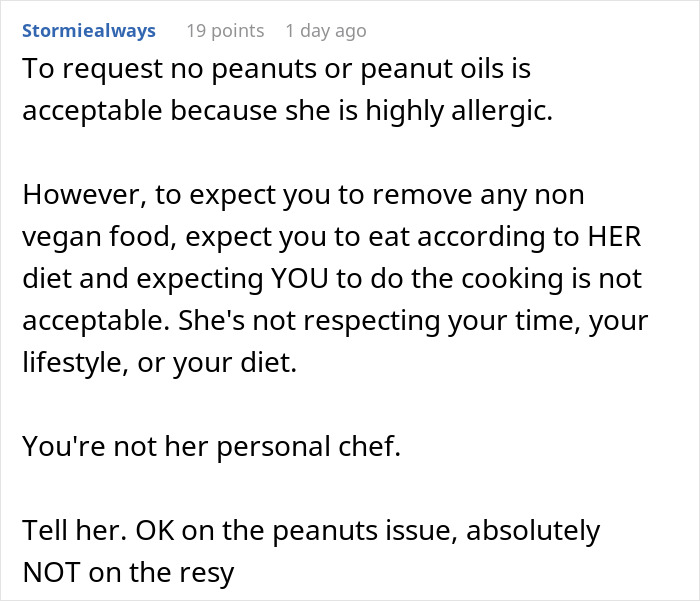 Screenshot of an online comment discussing a highly sensitive SIL's high demands and boundaries on food and cooking expectations. Screenshot of an online comment discussing a highly sensitive SIL's high demands and boundaries on food and cooking expectations.