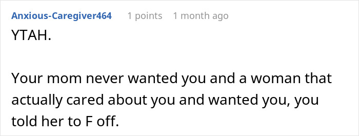 Screenshot of a forum comment discussing a teen refusing to be a birthday gift for stepmother and asserting loyalty to their mom.