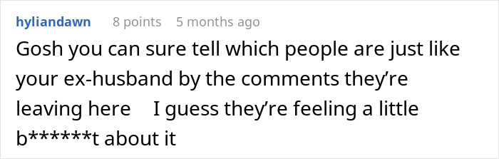 Screenshot of a Reddit comment discussing ex-husbands in relation to a woman&rsquo;s cross-country move and public shaming.
