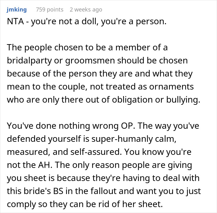 Comment discussing a woman refusing to wear a wig at her brother's wedding and standing her ground confidently. Comment discussing a woman refusing to wear a wig at her brother's wedding and standing her ground confidently.