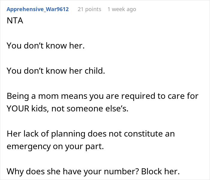 Comment discussing boundaries and refusal to babysit, involving a woman needing a babysitter and husband&rsquo;s ex as an option.
