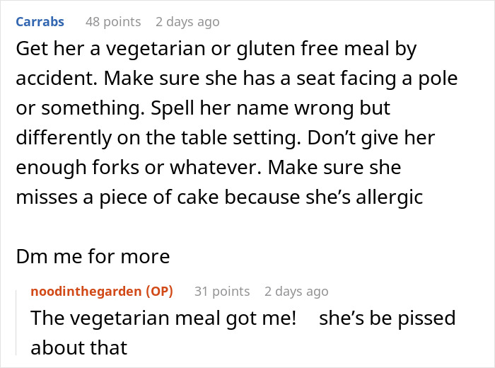 Reddit comments discussing pranks and ideas related to a controversial woman's wedding revenge story.