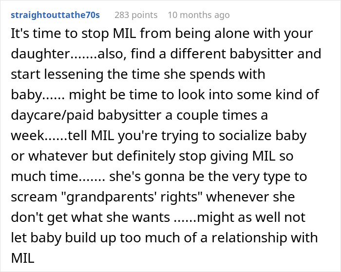 Comment advising to limit time MIL spends alone with baby and suggesting alternatives to manage MIL calls herself mommy issues.