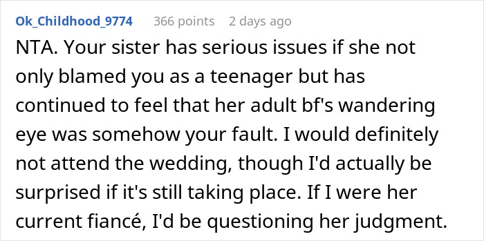 Comment from Ok_Childhood_9774 discussing a woman storming out after being accused of stealing her sister’s ex-fiancé. Comment from Ok_Childhood_9774 discussing a woman storming out after being accused of stealing her sister’s ex-fiancé.
