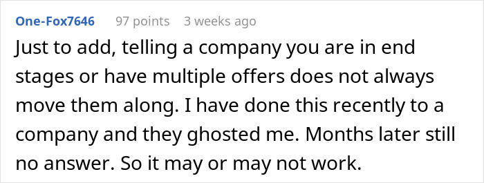 Screenshot of a user comment discussing job interview tips related to professional career coaching and landing dream jobs.