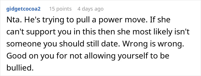 Screenshot of a Reddit comment discussing a cop wrongfully ticketing a driver who is the daughter’s boyfriend for speeding. Screenshot of a Reddit comment discussing a cop wrongfully ticketing a driver who is the daughter’s boyfriend for speeding.