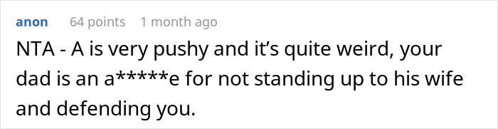 Screenshot of a forum comment discussing a teen refusing to be a birthday gift for stepmother and family conflict.