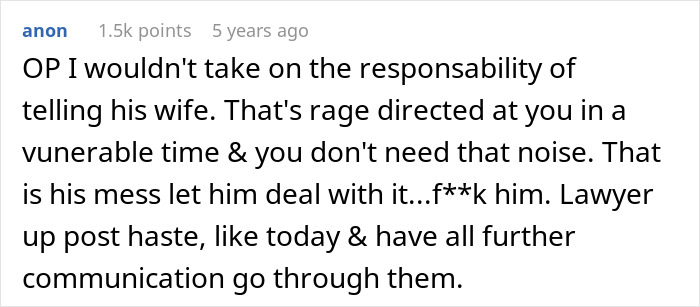 Text message advice about handling discovery of boyfriend&rsquo;s secret wife just before childbirth, emphasizing legal action.