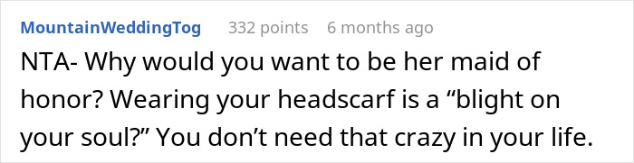 Comment discussing bride banning cousin&rsquo;s headscarf, linked to alopecia seen as divine punishment, in a wedding context.