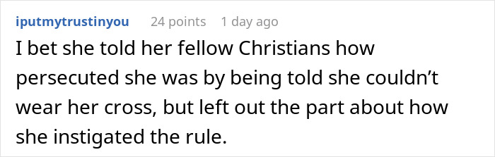Text post showing a comment about a woman using HR rules on religious symbols against the Karen who started it. Text post showing a comment about a woman using HR rules on religious symbols against the Karen who started it.